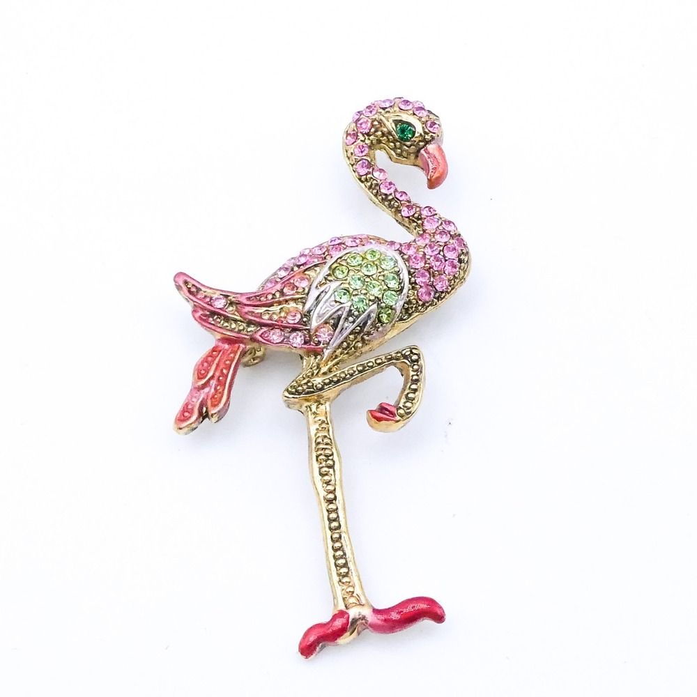 Vintage Pink Flamingo Rhinestone Enamel Bird Gold 2.4" Womens Brooch Pin